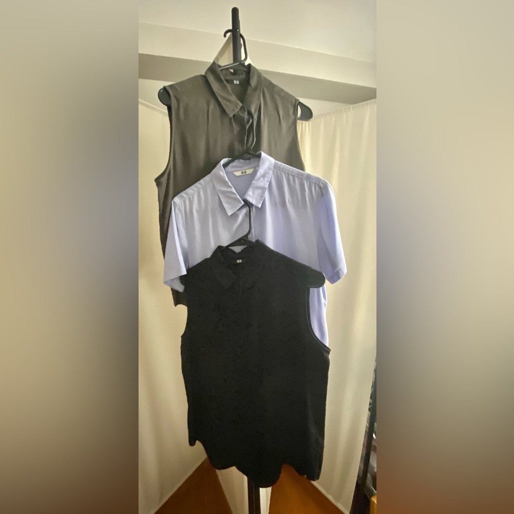 Uniqlo Sleeveless & Short-Sleeve Button-Up Tops - Black, Brown, Light Blue